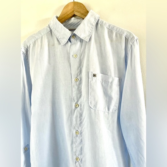 Quicksilver Light Blue Casual Button-Up 100% Linen Collared Shirt Size Medium - Picture 2 of 10